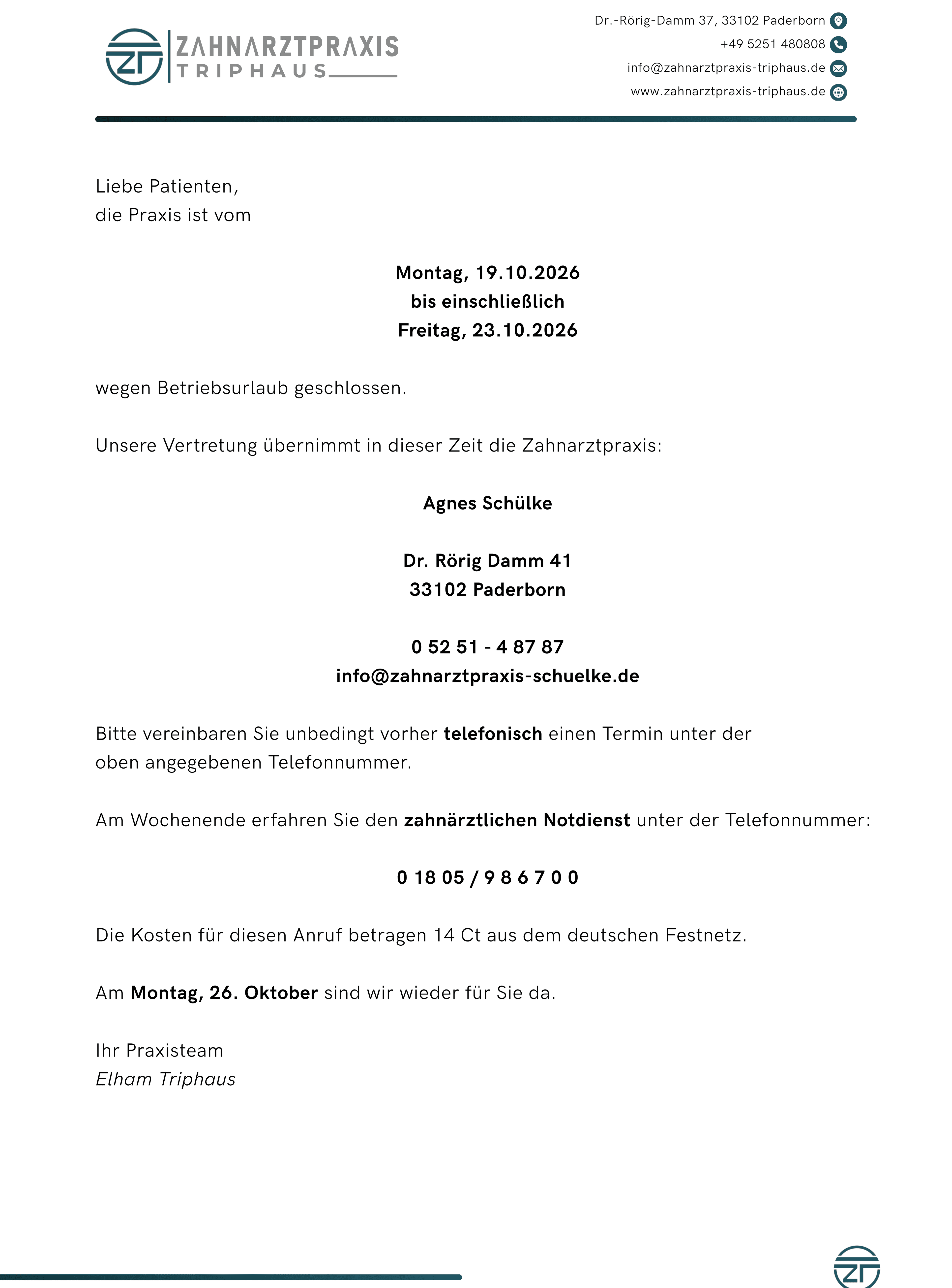 Briefbogen der Zahnarztpraxis Triphaus